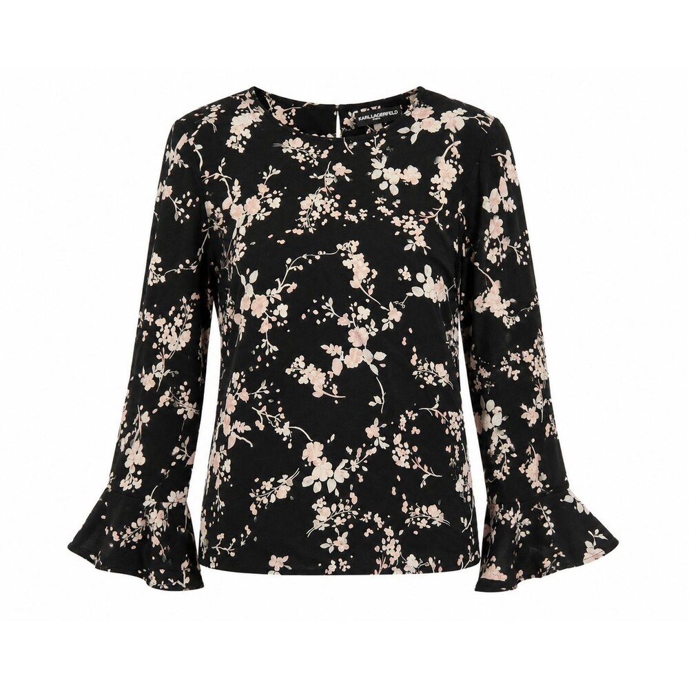 Karl Lagerfeld Paris Women's Floral Bell Sleeve Blouse Black Pink Size Small
